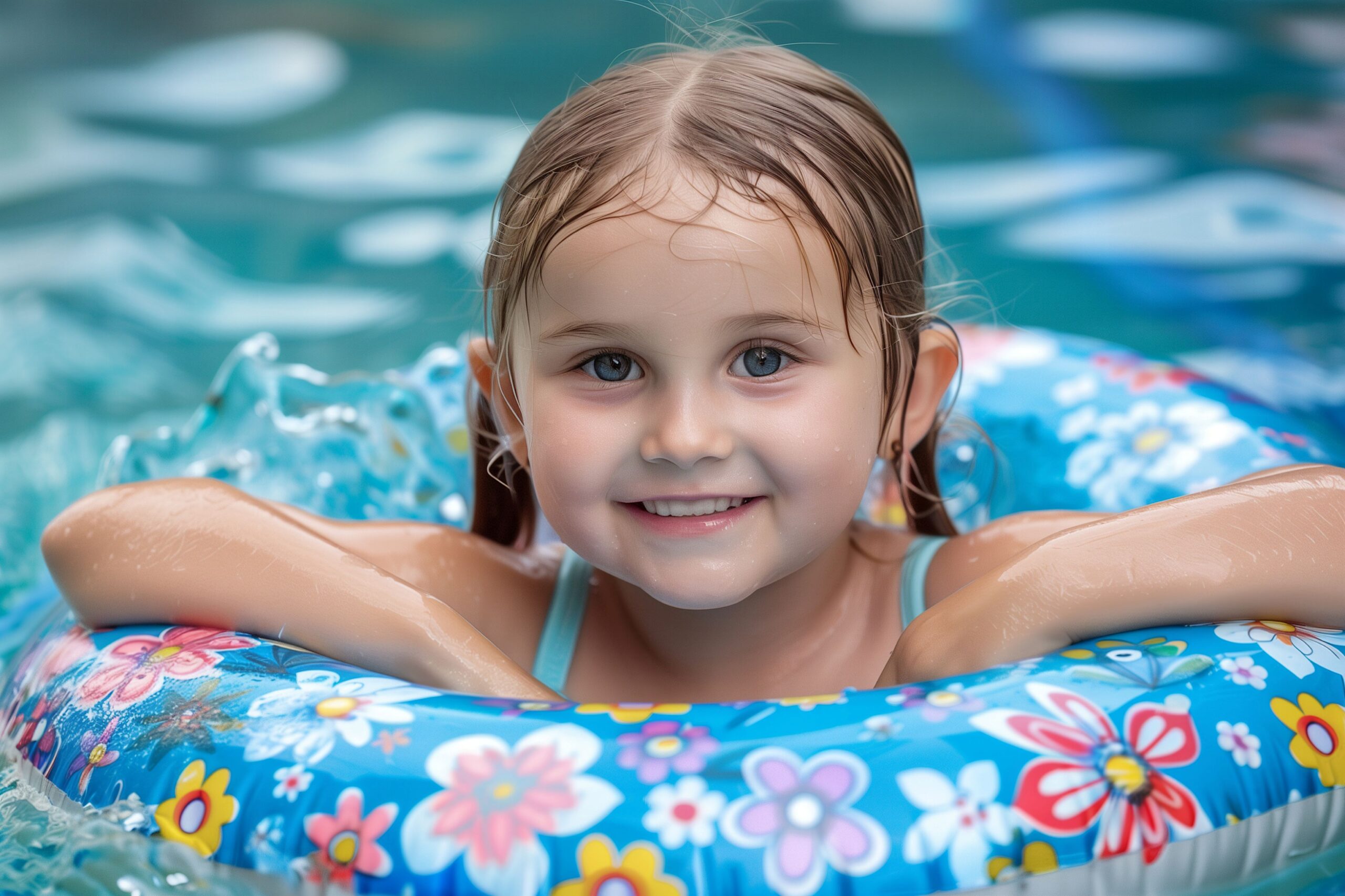 Fröhliches Kind mit Schwimmring – gutes Poolzubehör sorgt für Sicherheit und Badespaß